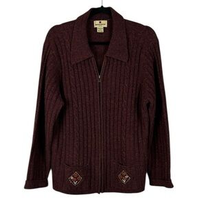 Woolrich Casual Floral Embroidered Full Zip Knit Cardigan Sweater Large Maroon